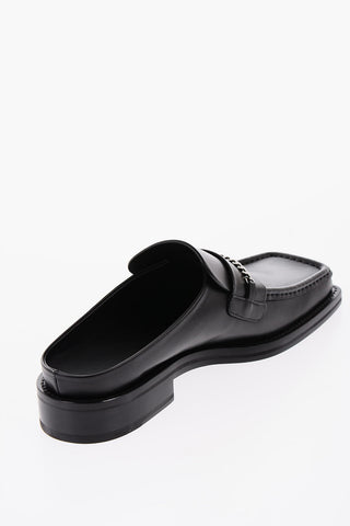 Leather Square Toe Mules with Silver Chain