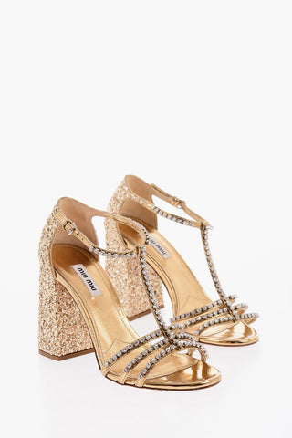 Leather Glitter T-strap Sandals with Decorative Jewels Details 9,5cm