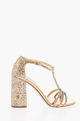 Leather Glitter T-strap Sandals with Decorative Jewels Details 9,5cm
