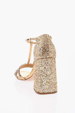 Leather Glitter T-strap Sandals with Decorative Jewels Details 9,5cm