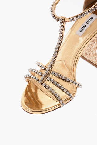 Leather Glitter T-strap Sandals with Decorative Jewels Details 9,5cm