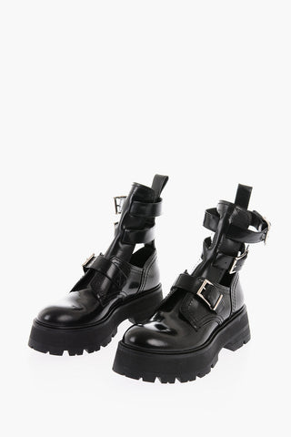 3 Buckle Cut-Out Leather Booties 6cm