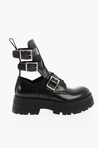 3 Buckle Cut-Out Leather Booties 6cm