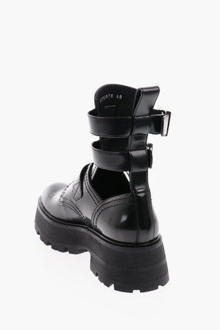 3 Buckle Cut-Out Leather Booties 6cm
