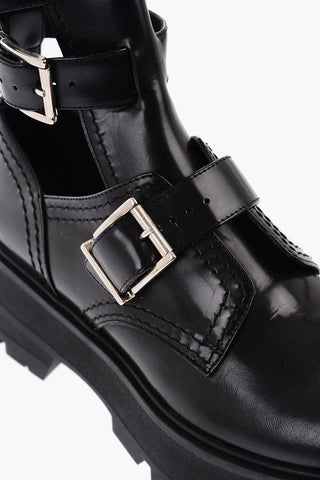 3 Buckle Cut-Out Leather Booties 6cm