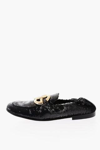Mocassini in Pelle con Paillettes e Placca Logo Dorata