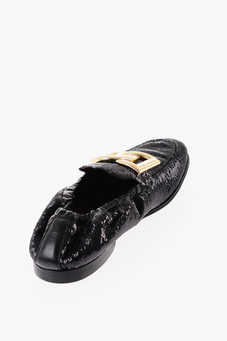 Mocassini in Pelle con Paillettes e Placca Logo Dorata
