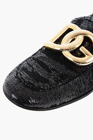 Mocassini in Pelle con Paillettes e Placca Logo Dorata