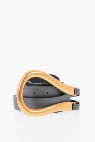 Leather Double-strap Belt with Gold-toned Horseshoe-shaped Buckle