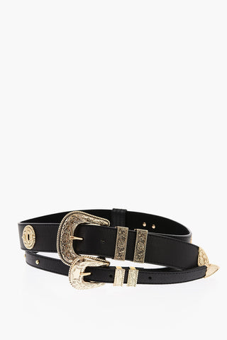 Grained-leather WESLEY Double-strap Belt with Gold-toned Hardware