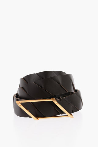 Intreccio-leather Belt with Gold-toned Rhomboidal Buckle