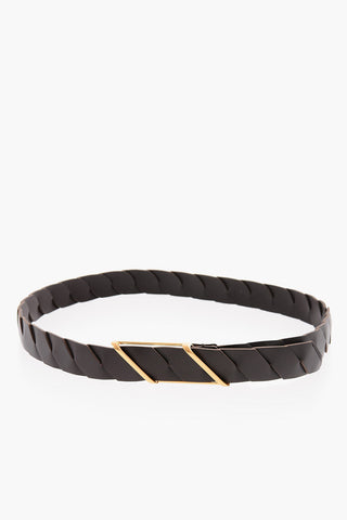 Intreccio-leather Belt with Gold-toned Rhomboidal Buckle