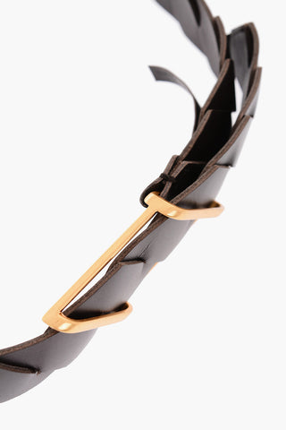 Intreccio-leather Belt with Gold-toned Rhomboidal Buckle