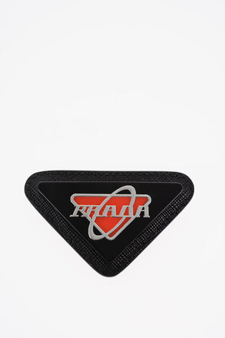 Triangular Saffiano Leather PLEX Brooch with Enamelled Logo