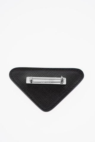 Triangular Saffiano Leather PLEX Brooch with Enamelled Logo