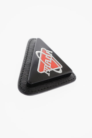 Triangular Saffiano Leather PLEX Brooch with Enamelled Logo