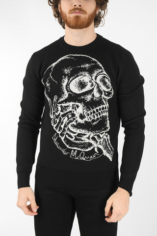 Wool Crew-neck Pullover with Contrasting Skull Print