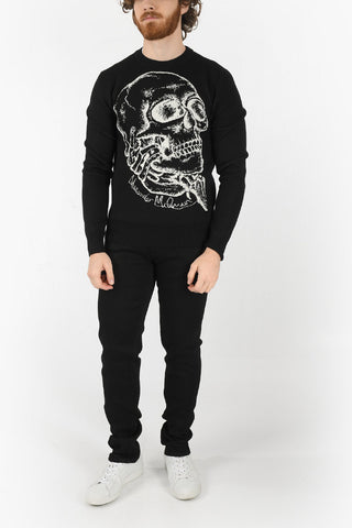 Wool Crew-neck Pullover with Contrasting Skull Print
