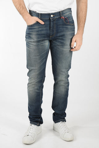 Straight-leg Slim-fit Denims with Vintage Effect and Logo Lettering Embroidery 16cm