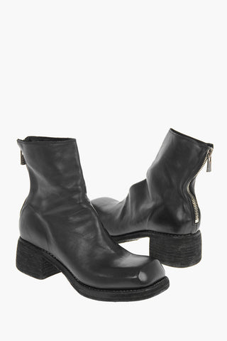 Squared Heel Horse Leather Booties with Back Zip 4cm
