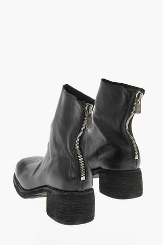 Squared Heel Horse Leather Booties with Back Zip 4cm