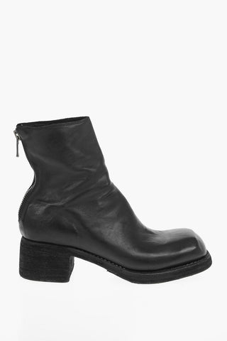 Squared Heel Horse Leather Booties with Back Zip 4cm