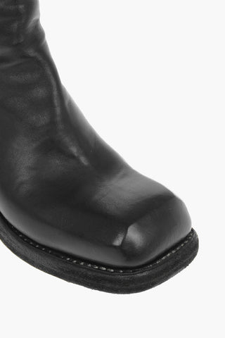 Squared Heel Horse Leather Booties with Back Zip 4cm