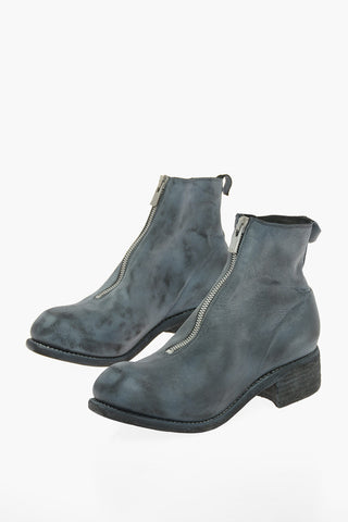 Front Zipped Brushed Leather Booties 4cm