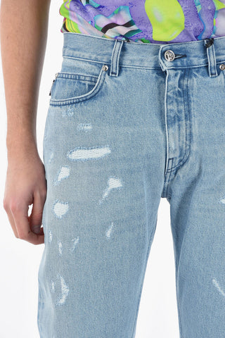 Distressed Mitchel Fit Denims with Light Wash and Medusa Logo Patch 17cm