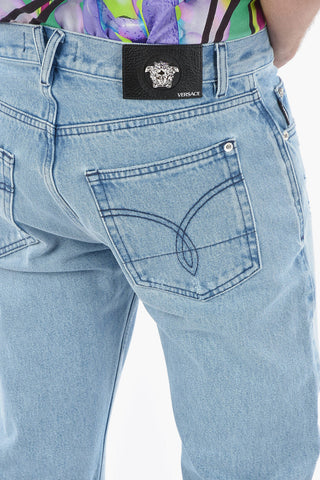 Distressed Mitchel Fit Denims with Light Wash and Medusa Logo Patch 17cm