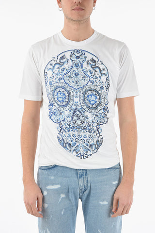 MAN Crew-neck T-shirt with Skull Print and Gathers at the Hem