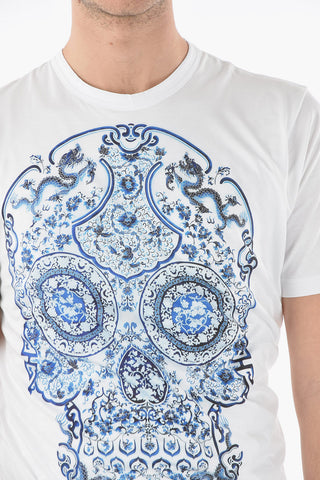 MAN Crew-neck T-shirt with Skull Print and Gathers at the Hem