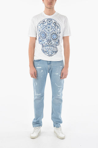 MAN Crew-neck T-shirt with Skull Print and Gathers at the Hem
