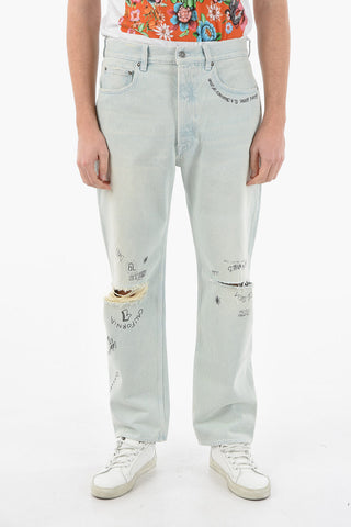 Wide-leg Distressed Denims with Delavé Effect 20cm
