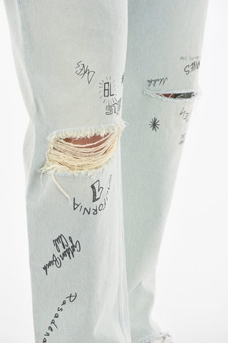 Wide-leg Distressed Denims with Delavé Effect 20cm