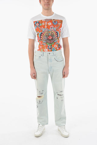 Wide-leg Distressed Denims with Delavé Effect 20cm