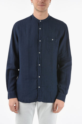 Mandarin Collar Flax Shirt with Breast Pocket