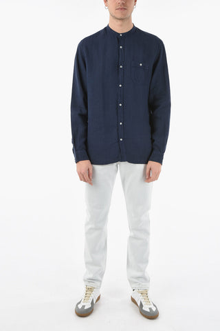 Mandarin Collar Flax Shirt with Breast Pocket