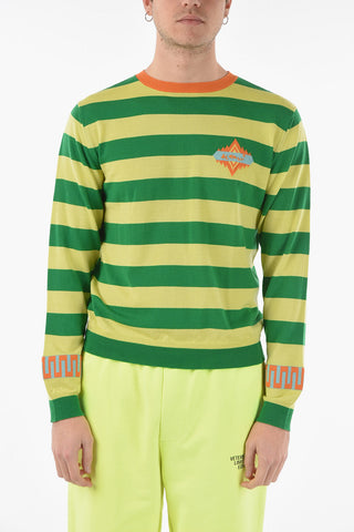 Crew Neck Awning Striped Motif Virgin Wool Sweater