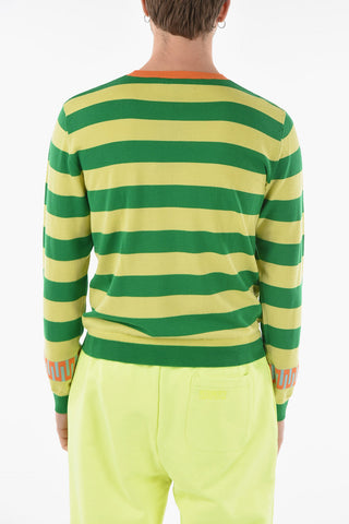 Crew Neck Awning Striped Motif Virgin Wool Sweater