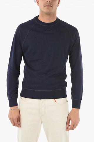 Crew Neck Flax Blend Sweater with Visible Stitchings