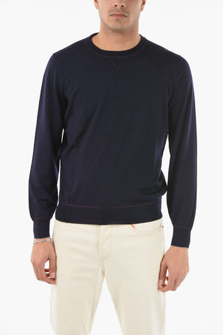 Crew Neck Cashmere Blend Sweater with Visible Stitchings