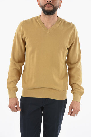Cotton V-Neck Sweater with Ribbed Cuff