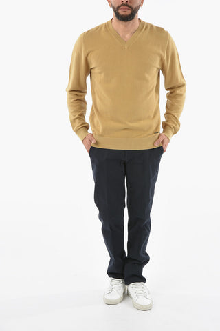 Cotton V-Neck Sweater with Ribbed Cuff