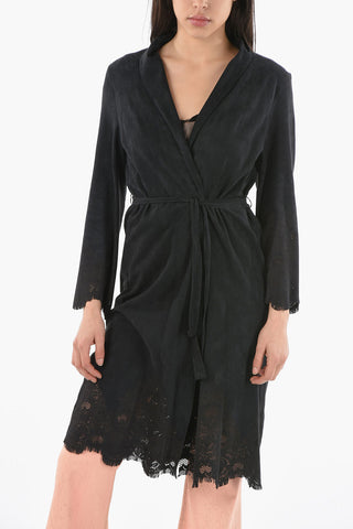 Lamb Skin Overcoat with Laser Cut Embellishment and Belt