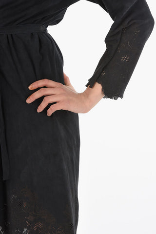 Lamb Skin Overcoat with Laser Cut Embellishment and Belt