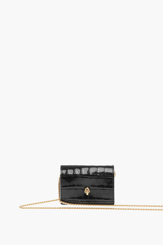 Crocodile Effect Leather Card Holder with Golden Chain