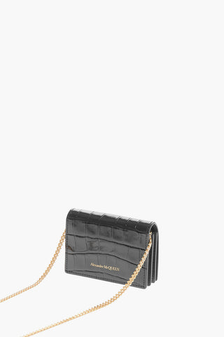 Crocodile Effect Leather Card Holder with Golden Chain