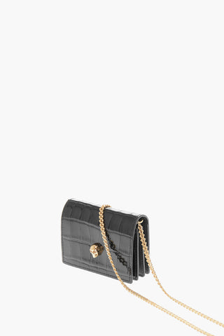 Crocodile Effect Leather Card Holder with Golden Chain