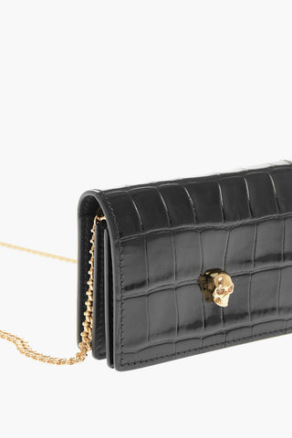 Crocodile Effect Leather Card Holder with Golden Chain
